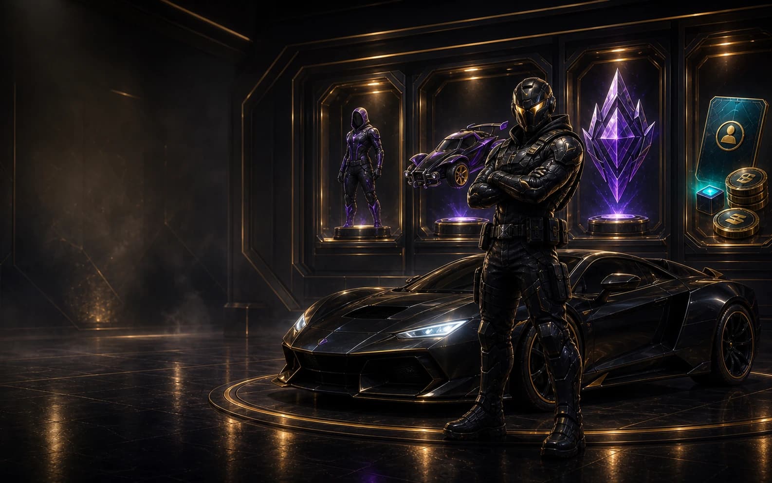 Премиальный hero-art Divergent Market с дорогой игровой витриной, чёрным спорткаром, ранговым кристаллом и игровыми категориями